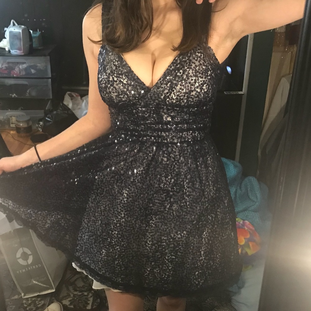 Navy Blue Sequence Opened-Back Dress